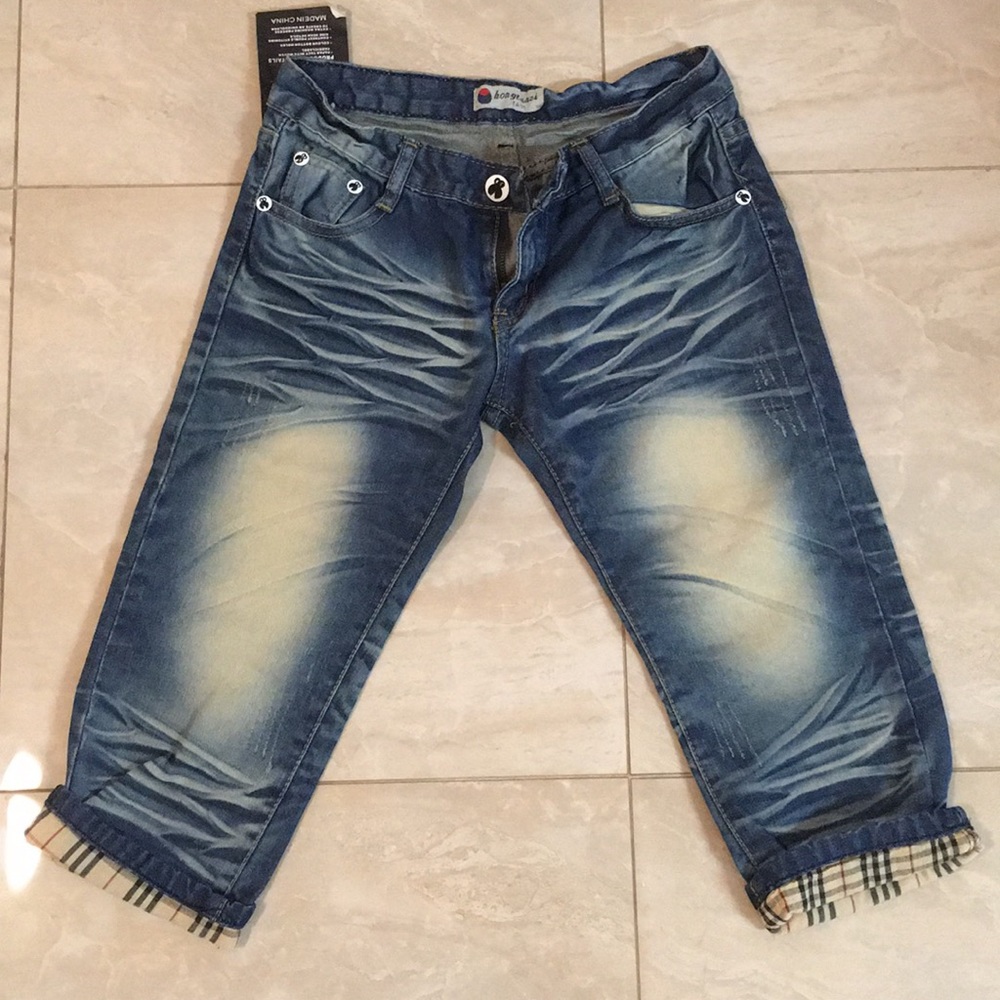 Plaid detail capri jeans